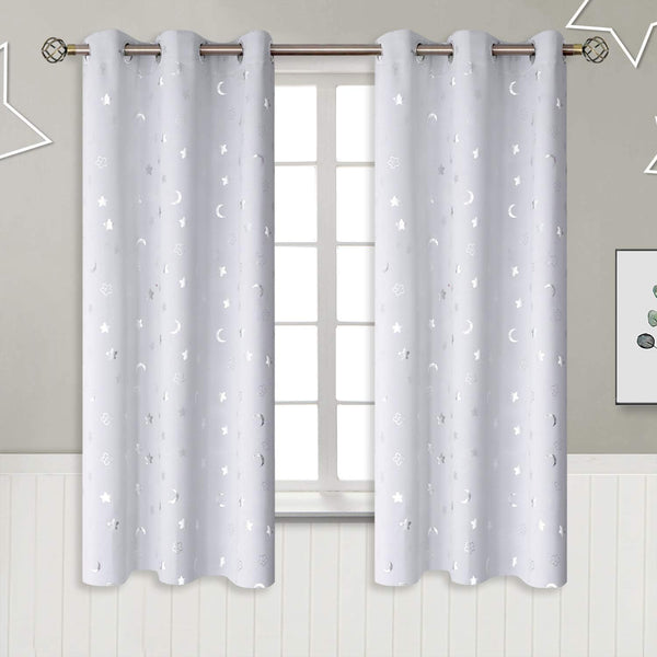 Kids Curtains for Nursery, Star and Moon Room Darkening Curtains for Boys Girls Bedroom 63 Inch Long, Blackout Thermal Insulated Grommet Curtains, Greyish White, 2 Panels of 42 X 63 Inch