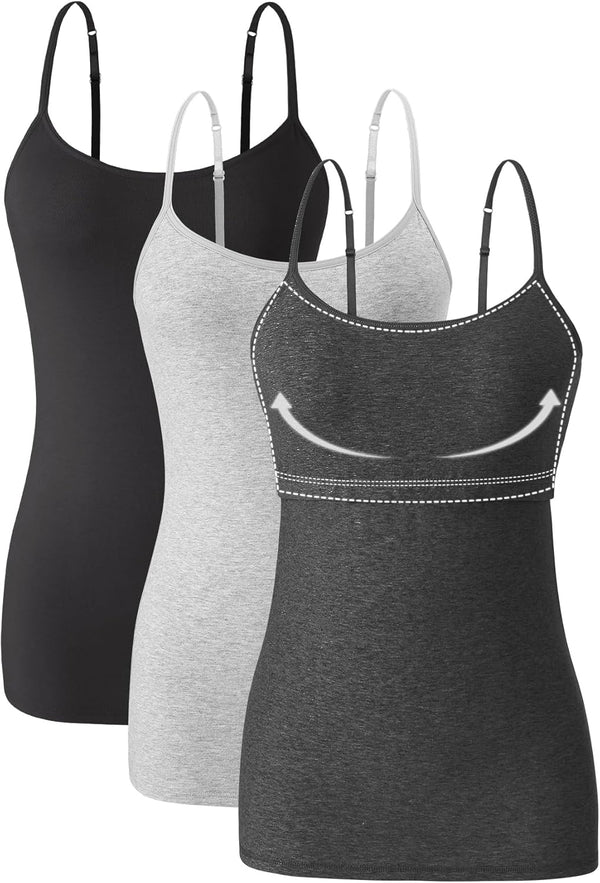 Women Cotton Camisole Shelf Bra Cami Tank Tops Adjustable Spaghetti Strap Tank Top 3-Pack