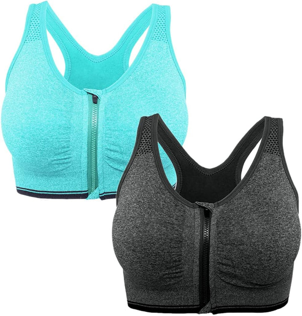 Women'S Zip Front Sports Bra - Seamless Wirefree Post Surgery Bra Racerback Workout Gym Yoga Bras with Removable Pads