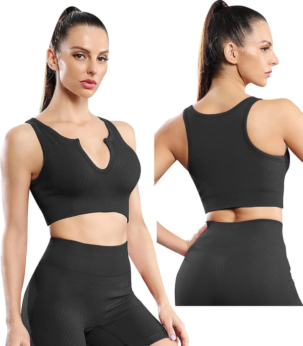 Women’S Padded Sports Bra Yoga Basic V Neck Sleeveless Cropped Tank Tops Suitable for Large Bust