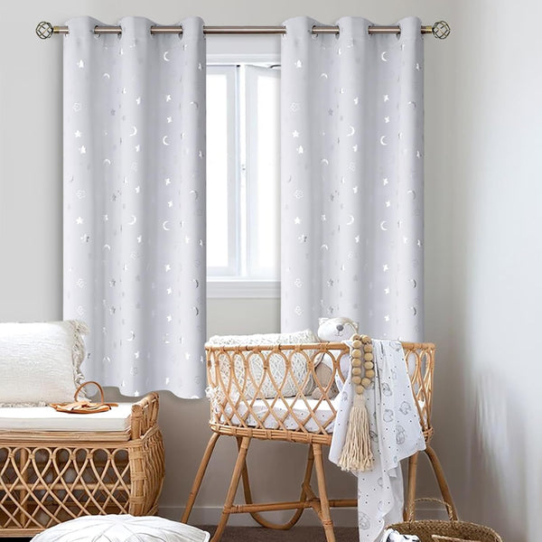 Kids Curtains for Nursery, Star and Moon Room Darkening Curtains for Boys Girls Bedroom 63 Inch Long, Blackout Thermal Insulated Grommet Curtains, Greyish White, 2 Panels of 42 X 63 Inch