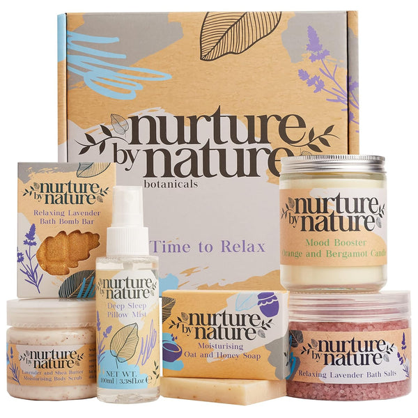 Nurture by Nature RELAX & CALM Spa Kit, Spa Gift Baskets for Women - Complete Bath Sets for Women Gift - Lavender Pillow Mist, Bath Salts, Soap, Bath Bomb, Candle, Body Scrub - Self Care Gift Basket