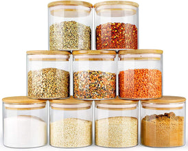 Glass Jars with Bamboo Lids (16Oz in 9 Pack), Glass Food Jars and Canisters Sets, Glass Food Storage Jars with Airtight Lids, Glass Canisters with Lids, Glass Pantry Jars