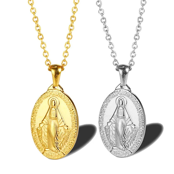 Miraculous Medal Stainless Steel Oval Pendant Necklace for Women Men Wild Jewelry Gift Jewelry