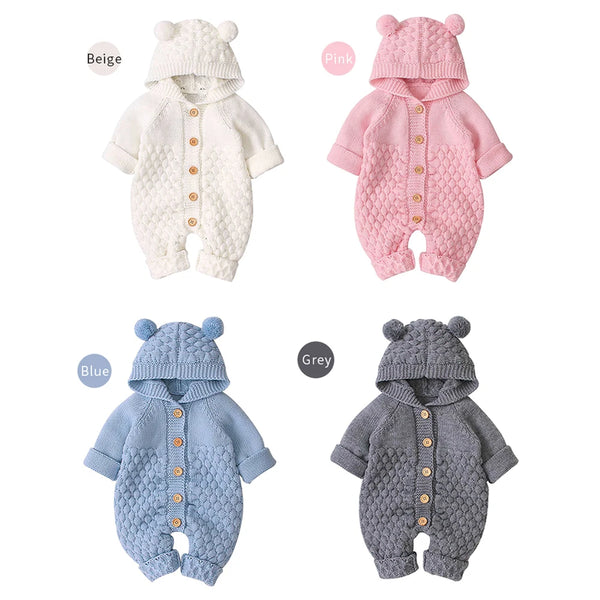 2020 Autumn Winter Newborn Sweater Baby Boy Girl Clothes Romper Bear Ear Knit Hooded Jumpsuit Outfit Clothing