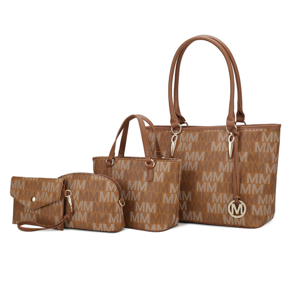 Women'S Vegan Leather M Signature Tote Handbag, Mu Tan, 4-Piece