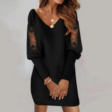 Black Elegant Women Mini Dresses Sexy Deep V Hollow Out Lace Patchwork Long Sleeve T-Shirt Dress Lady Office Work Party Vestido