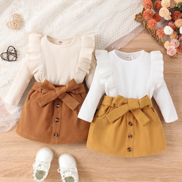 Citgeett Autumn Kids Baby Girls Outfits Long Sleeve Ruffle Ribbed Tops Solid Color Button Skirt Spring Clothes Set