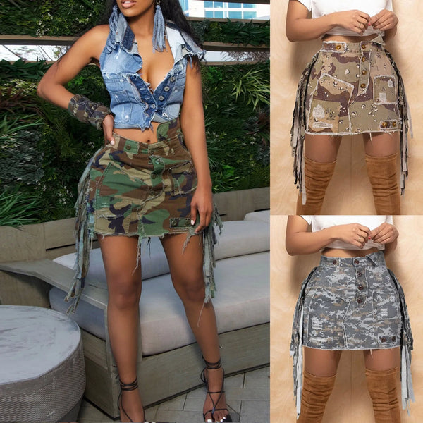 Skirts for Women Fashion High Waist Wrap Hip Camouflage Jean Skirt Ladies Side Lace Up A-Line Casual Comfty Breath Skirt