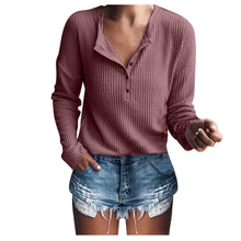 Women Henry Collar Long Sleeve T-Shirt Solid Color Waffle T Shirts Casual Female Button Tees Autumn Winter Basic Top