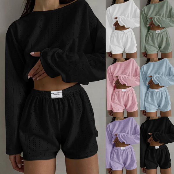 Womens Summer Fashion Casual Two Piece Outfits Casual Shorts Set O Neck Long Sleeve Tops And Shorts Swim Short Suits for Women