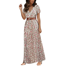 Women Slim Floral Print Long Dresses With Belt Summer V Neck 2pcs A Line Maxi Dress Female Short Sleeve Streetwear Dresses