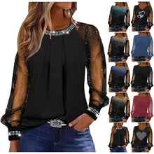 Women Stylish Pullover Shirt Sequin O Neck Dot Print Puff Lace Long Sleeve Blouse Elegant Versatile Blouse Blusas Para Mujer