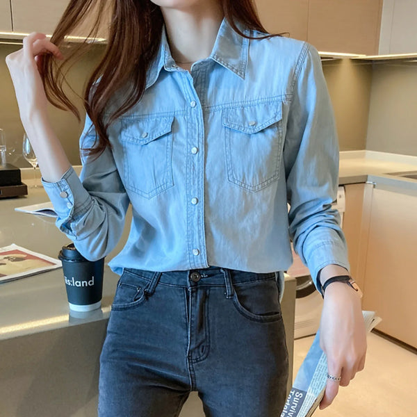 Casual Loose Denim Shirts For Women 2023 Autumn Vintage Women's Oversized Shirts And Blouses Korean Ladies Lapel Jean Top Blusas