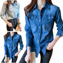 Summer Lady Denim Blouse Cotton Lapel Rolled Sleeve Metal Button Shirt Women Casual Single Breasted Jeans Top blusas para mujer