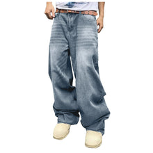 Men's Baggy Hip Hop Jeans Loose Fit Wide Leg Skater Denim Pants Casual Korean Fashion Long Trousers Streetwear Dark Blue Black