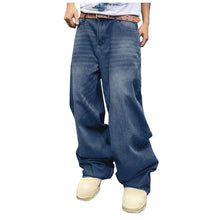 Men's Baggy Hip Hop Jeans Loose Fit Wide Leg Skater Denim Pants Casual Korean Fashion Long Trousers Streetwear Dark Blue Black