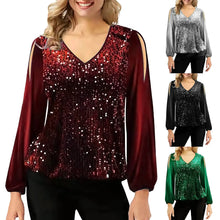 New Fashion Sequins Blouse Tops Women Elegant Beaded Stitching Lantern Sleeve T Shirt Vintage Evening Party Blusas Women Clothes