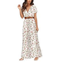 Women Slim Floral Print Long Dresses With Belt Summer V Neck 2pcs A Line Maxi Dress Female Short Sleeve Streetwear Dresses