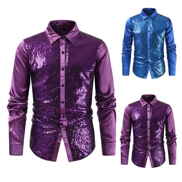 Men's Club Solid Color Gold Hot Sequin Fashion Personality Long Sleeve Shirt Harajuku Streetwear