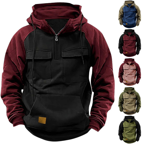 Mens Hoodie Long Sleeve Casual Pullover Tops Color Block Hooded Sweatshirts Autumn Loose Hoodies With Pockets Streetwear