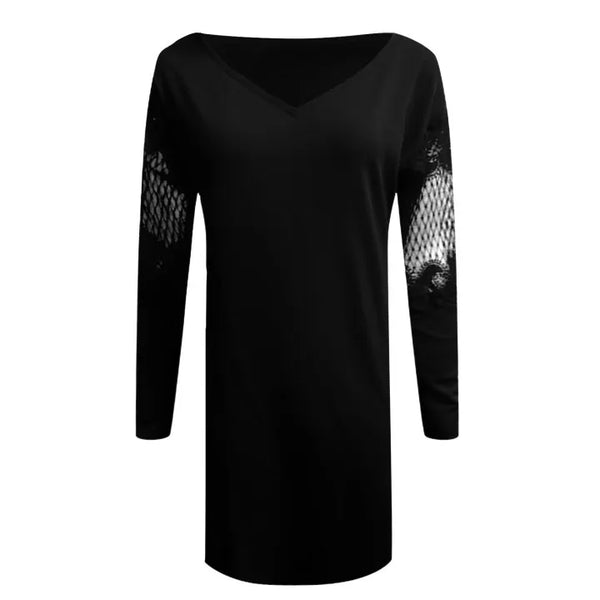 Black Elegant Women Mini Dresses Sexy Deep V Hollow Out Lace Patchwork Long Sleeve T-Shirt Dress Lady Office Work Party Vestido