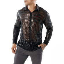 Mens Long Sleeved Performance Wear Sequin Shirt Long Sleeved Lapel 70s Disco Party Wear Trend Long Sleeved Harajuku Streetwear