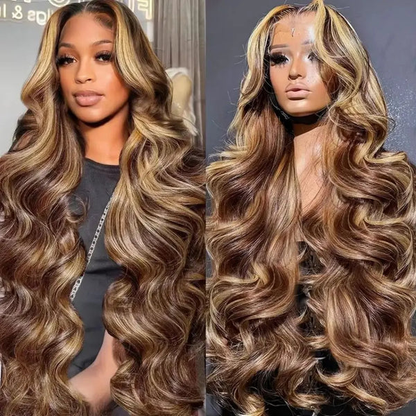 30 38 Inch 4/27 Highlight Colored Ombre Blonde Body Wave Wig Human Hair Brazilian 13x6 HD Transparent Lace Frontal Wig For Women