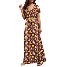 Women Slim Floral Print Long Dresses With Belt Summer V Neck 2pcs A Line Maxi Dress Female Short Sleeve Streetwear Dresses