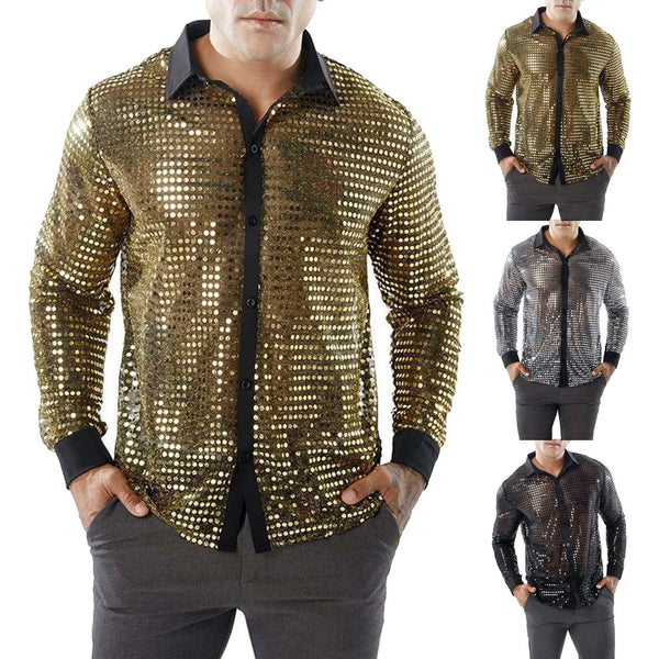 Mens Long Sleeved Performance Wear Sequin Shirt Long Sleeved Lapel 70s Disco Party Wear Trend Long Sleeved Harajuku Streetwear