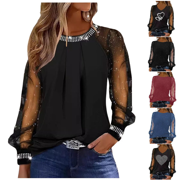 Women Stylish Pullover Shirt Sequin O Neck Dot Print Puff Lace Long Sleeve Blouse Elegant Versatile Blouse Blusas Para Mujer