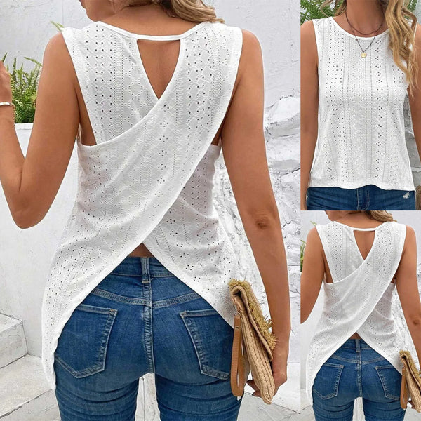 Summer White Blouse Shirts Violet Top Women Cross Back Fashion Solid Round Neck Sleeveless Casual Vest T Shirt Top Medium Short