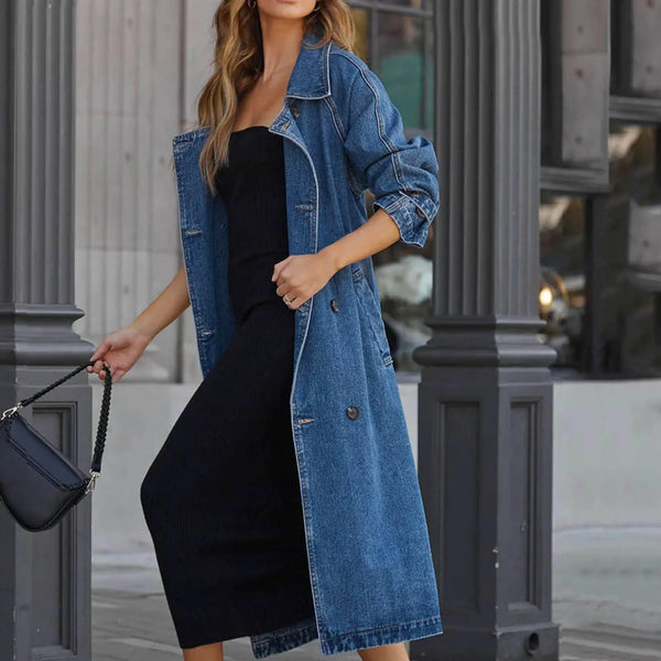 Women's Vintage Deep Blue Midi Long Jean Jacket Spring New Loose Fit Double Breasted Denim Jacket Trench Coat With Belts