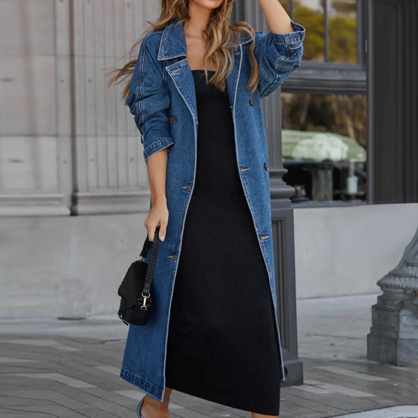 Women's Vintage Deep Blue Midi Long Jean Jacket Spring New Loose Fit Double Breasted Denim Jacket Trench Coat With Belts