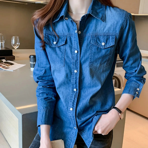 Summer Lady Denim Blouse Cotton Lapel Rolled Sleeve Metal Button Shirt Women Casual Single Breasted Jeans Top blusas para mujer