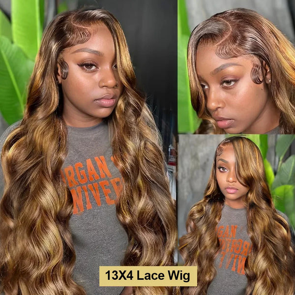 30 38 Inch 4/27 Highlight Colored Ombre Blonde Body Wave Wig Human Hair Brazilian 13x6 HD Transparent Lace Frontal Wig For Women