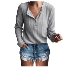 Women Henry Collar Long Sleeve T-Shirt Solid Color Waffle T Shirts Casual Female Button Tees Autumn Winter Basic Top