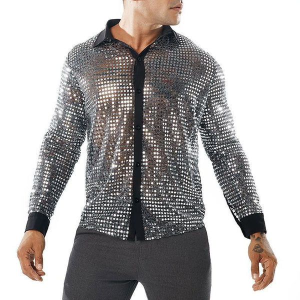 Mens Long Sleeved Performance Wear Sequin Shirt Long Sleeved Lapel 70s Disco Party Wear Trend Long Sleeved Harajuku Streetwear