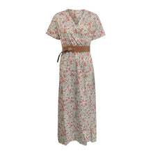 Women Slim Floral Print Long Dresses With Belt Summer V Neck 2pcs A Line Maxi Dress Female Short Sleeve Streetwear Dresses