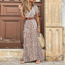 Women Slim Floral Print Long Dresses With Belt Summer V Neck 2pcs A Line Maxi Dress Female Short Sleeve Streetwear Dresses