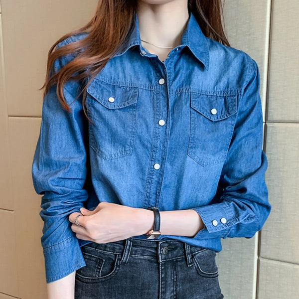 Casual Loose Denim Shirts For Women 2023 Autumn Vintage Women's Oversized Shirts And Blouses Korean Ladies Lapel Jean Top Blusas