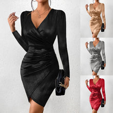 Metallic Color Ruched Hip Wrap Dresses For Women 2024 Deep V Neck Long Sleeve Slim Dress Reflective Binding Bandage Dresses