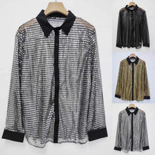 Mens Long Sleeved Performance Wear Sequin Shirt Long Sleeved Lapel 70s Disco Party Wear Trend Long Sleeved Harajuku Streetwear