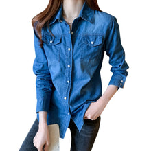 Summer Lady Denim Blouse Cotton Lapel Rolled Sleeve Metal Button Shirt Women Casual Single Breasted Jeans Top blusas para mujer