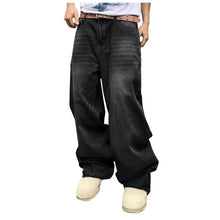 Men's Baggy Hip Hop Jeans Loose Fit Wide Leg Skater Denim Pants Casual Korean Fashion Long Trousers Streetwear Dark Blue Black