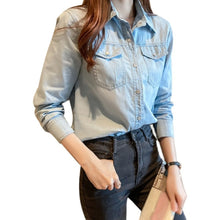 Summer Lady Denim Blouse Cotton Lapel Rolled Sleeve Metal Button Shirt Women Casual Single Breasted Jeans Top blusas para mujer