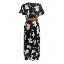 Women Slim Floral Print Long Dresses With Belt Summer V Neck 2pcs A Line Maxi Dress Female Short Sleeve Streetwear Dresses