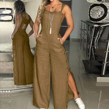 Streetwear Button Up One Pieces Jumpsuit Ladies Slim Fit Casual Strap Linen Pants Overall Solid Romper One Pieces Outfit Clothes