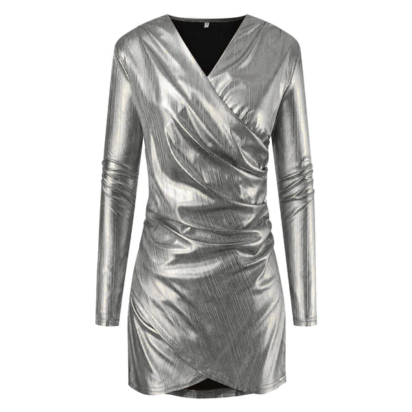 Metallic Color Ruched Hip Wrap Dresses For Women 2024 Deep V Neck Long Sleeve Slim Dress Reflective Binding Bandage Dresses