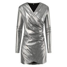 Metallic Color Ruched Hip Wrap Dresses For Women 2024 Deep V Neck Long Sleeve Slim Dress Reflective Binding Bandage Dresses